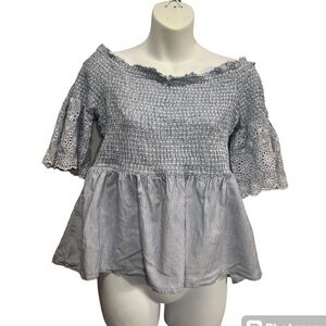 Blue Rain off shoulder peasant style top. Size large